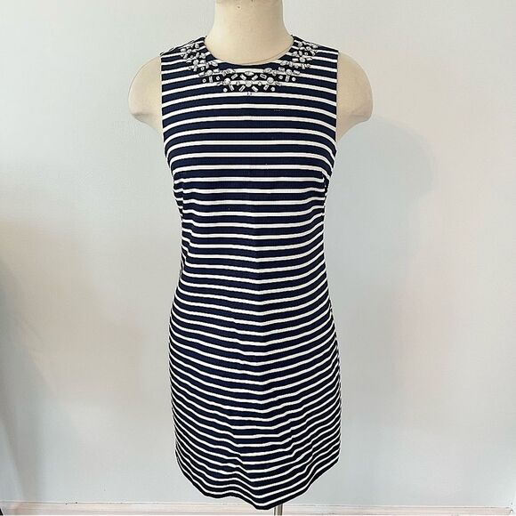 NWT J. Crew Black & White Striped Crystal Embellished Sheath Dress Size 0 - Picture 2 of 8